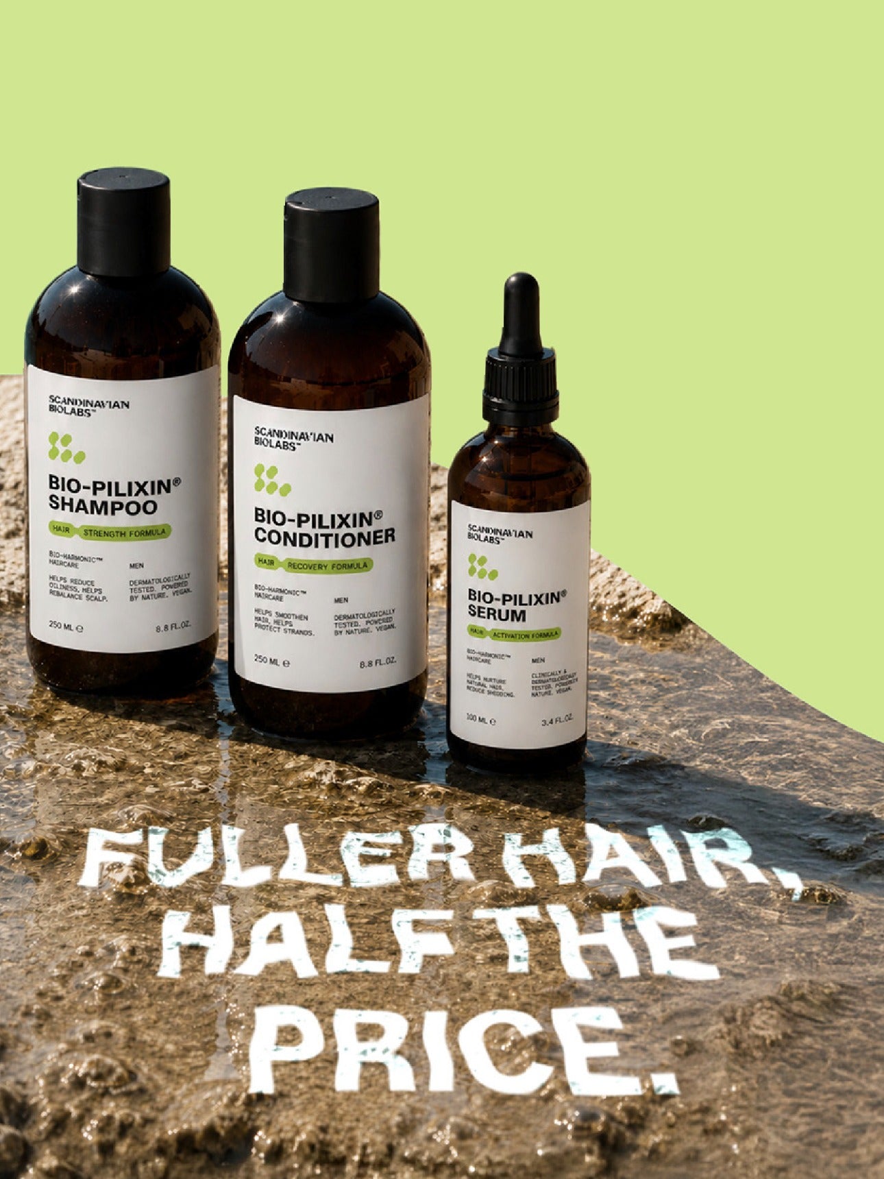 Volleres Haar zum halben Preis. Bio-Pilixin Shampoo, Conditioner und Serum auf einem nassen Felsen am Meer.